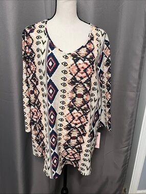 V-Neck Printed Tunic in Navy, Pink & Cream